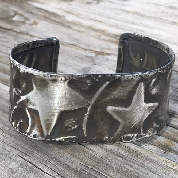 Stars Unisex Solid Sterling Silver 925 Cuff Bracelet Embossed Handmade Mens Gift - Picture 3 of 12